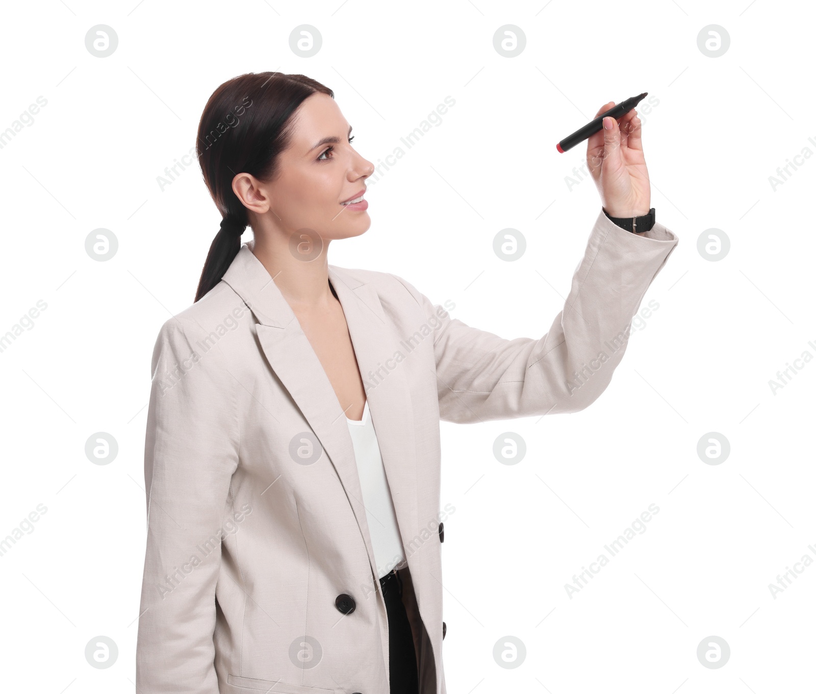 Photo of Beautiful businesswoman in suit with marker on white background