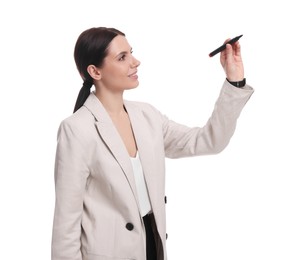 Beautiful businesswoman in suit with marker on white background