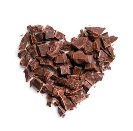 Heart made with dark chocolate crumbles on white background, top view