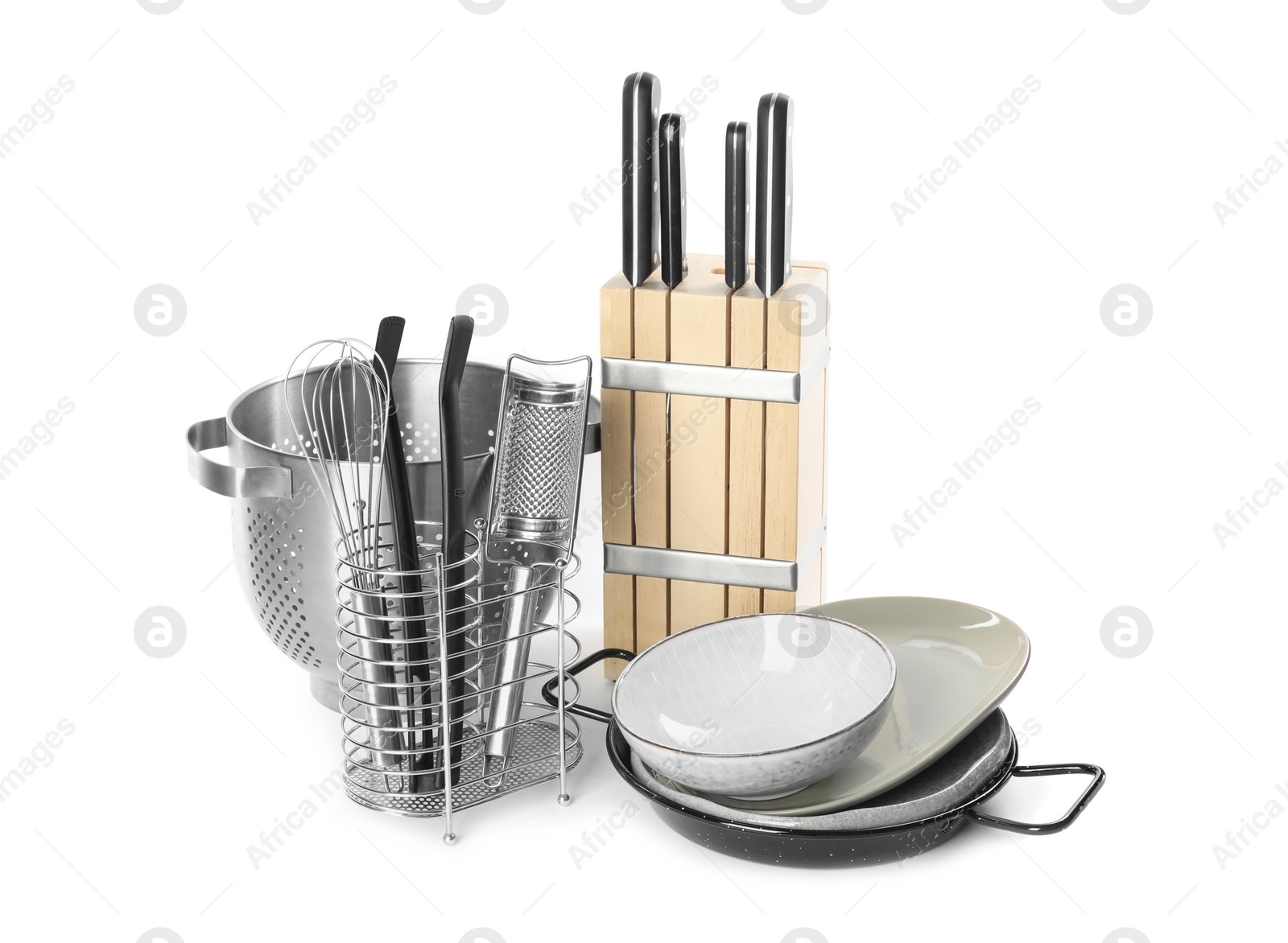 Photo of Set of different cooking utensils and dishes on white background