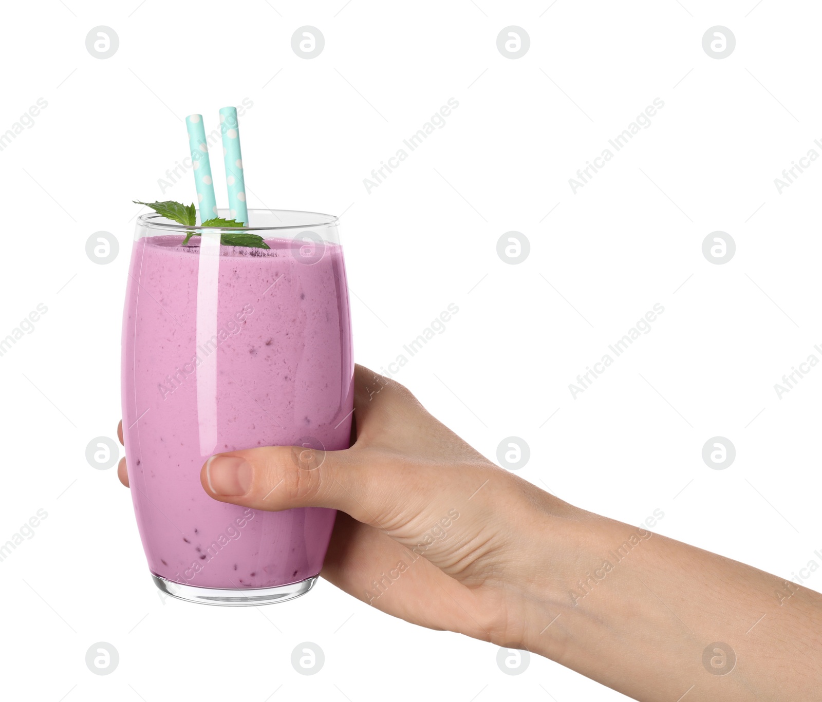 Photo of Woman with glass of delicious blackberry smoothie on white background, closeup