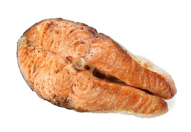 Photo of Tasty roasted salmon isolated on white, top view. Fish delicacy