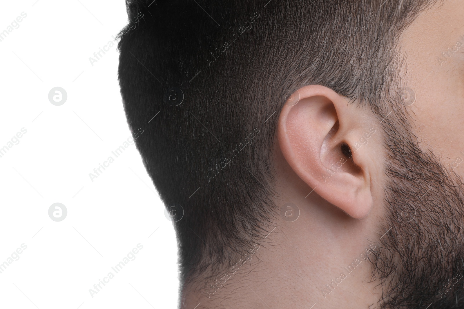 Photo of Man on white background, closeup of ear