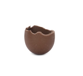 Photo of Broken milk chocolate egg on white background