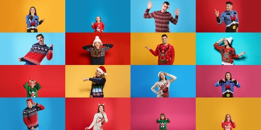 Image of Collage with photosadults and children in different Christmas sweaters on color backgrounds. Banner design