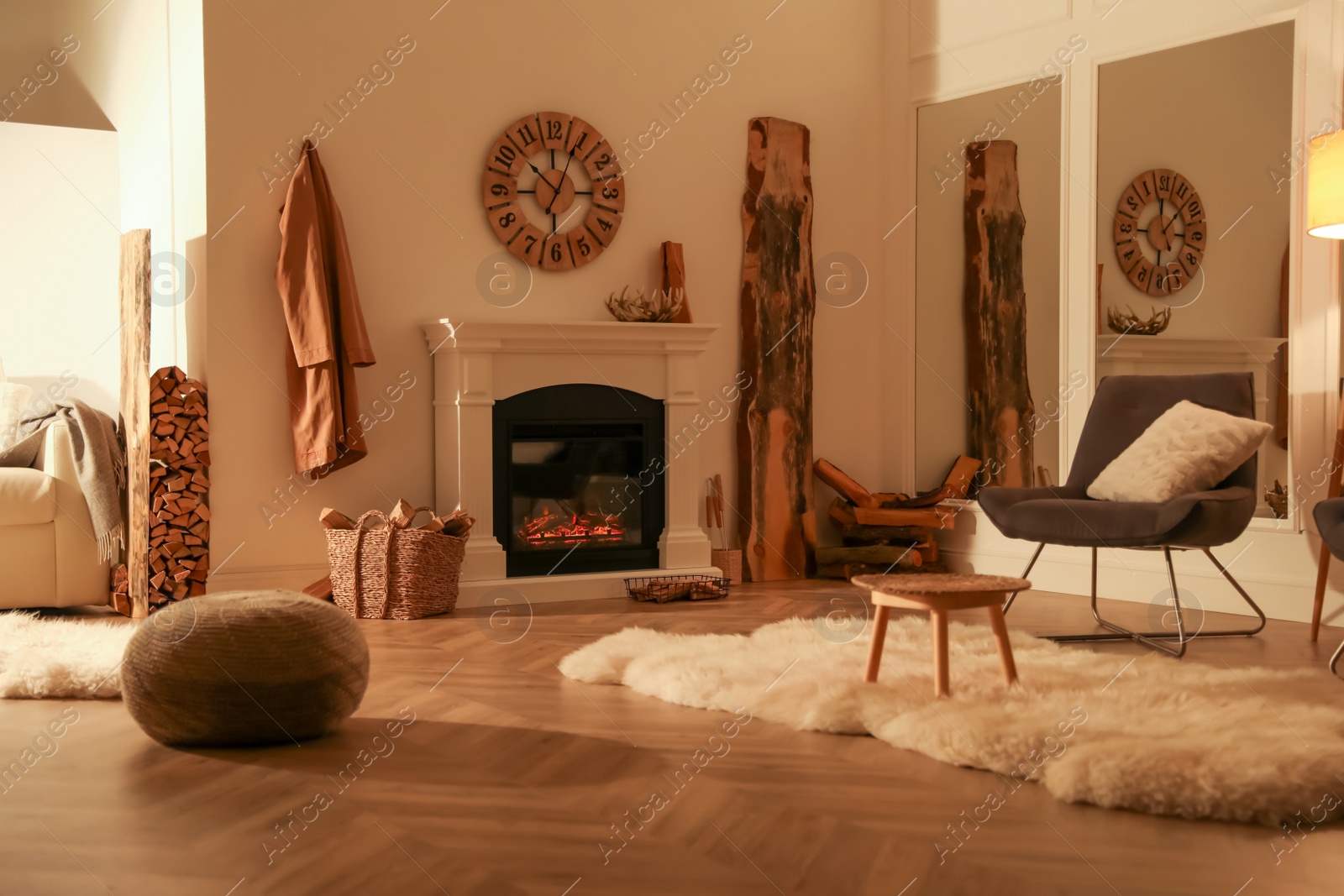 Photo of Beautiful view of cozy living room interior with fireplace