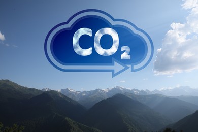 Concept of clear air. CO2 inscription in illustration of cloud with arrow and beautiful mountain landscape