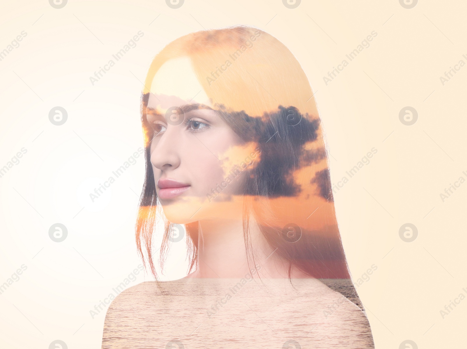 Image of Double exposure of beautiful woman and sea at sunset