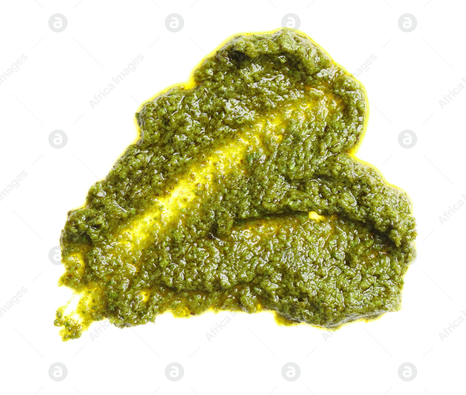 Photo of Heart shaped sample of tasty pesto sauce isolated on white, top view