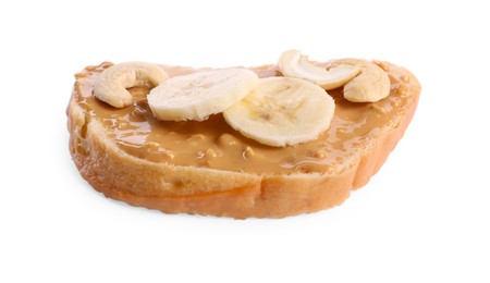 Photo of Toast with tasty nut butter, banana slices and cashews isolated on white