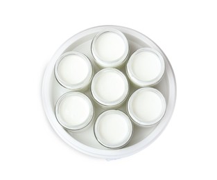 Photo of Modern yogurt maker with full jars on white background, top view