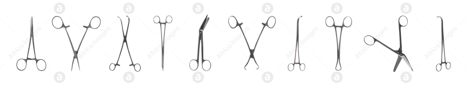 Image of Set with different surgical instruments on white background. Banner design 