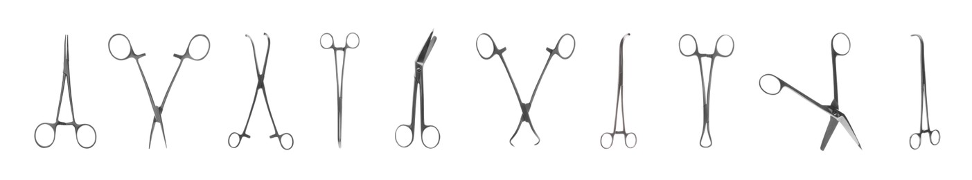 Image of Set with different surgical instruments on white background. Banner design 