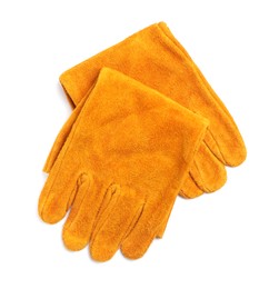 Orange protective gloves on white background, top view. Safety equipment