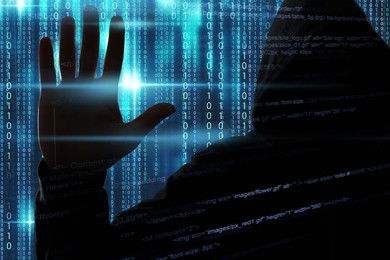 Image of Man in hood and digital binary code on dark background. Cyber attack concept