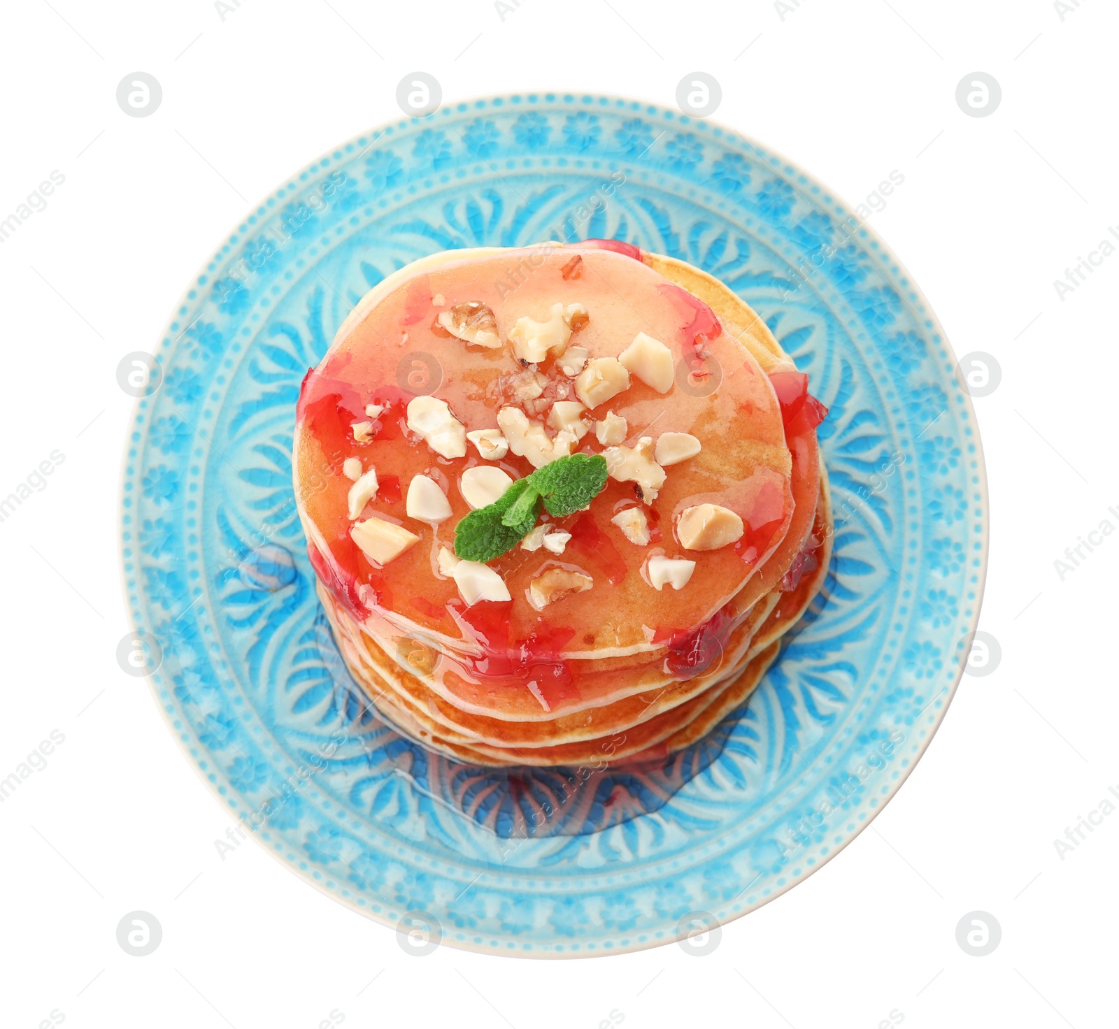 Photo of Plate with delicious pancakes on white background