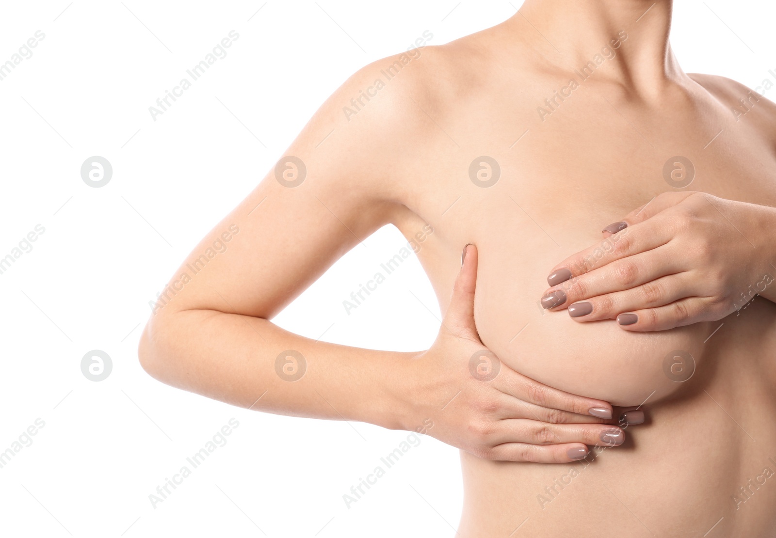 Photo of Woman checking her breast on white background, closeup