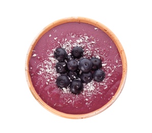 Photo of Bowl with tasty acai smoothie on white background, top view