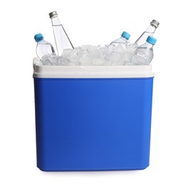 Blue plastic cool box with ice cubes and bottles of water on white background