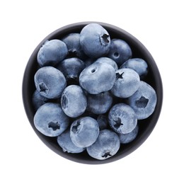 Tasty fresh ripe blueberries in bowl on white background, top view