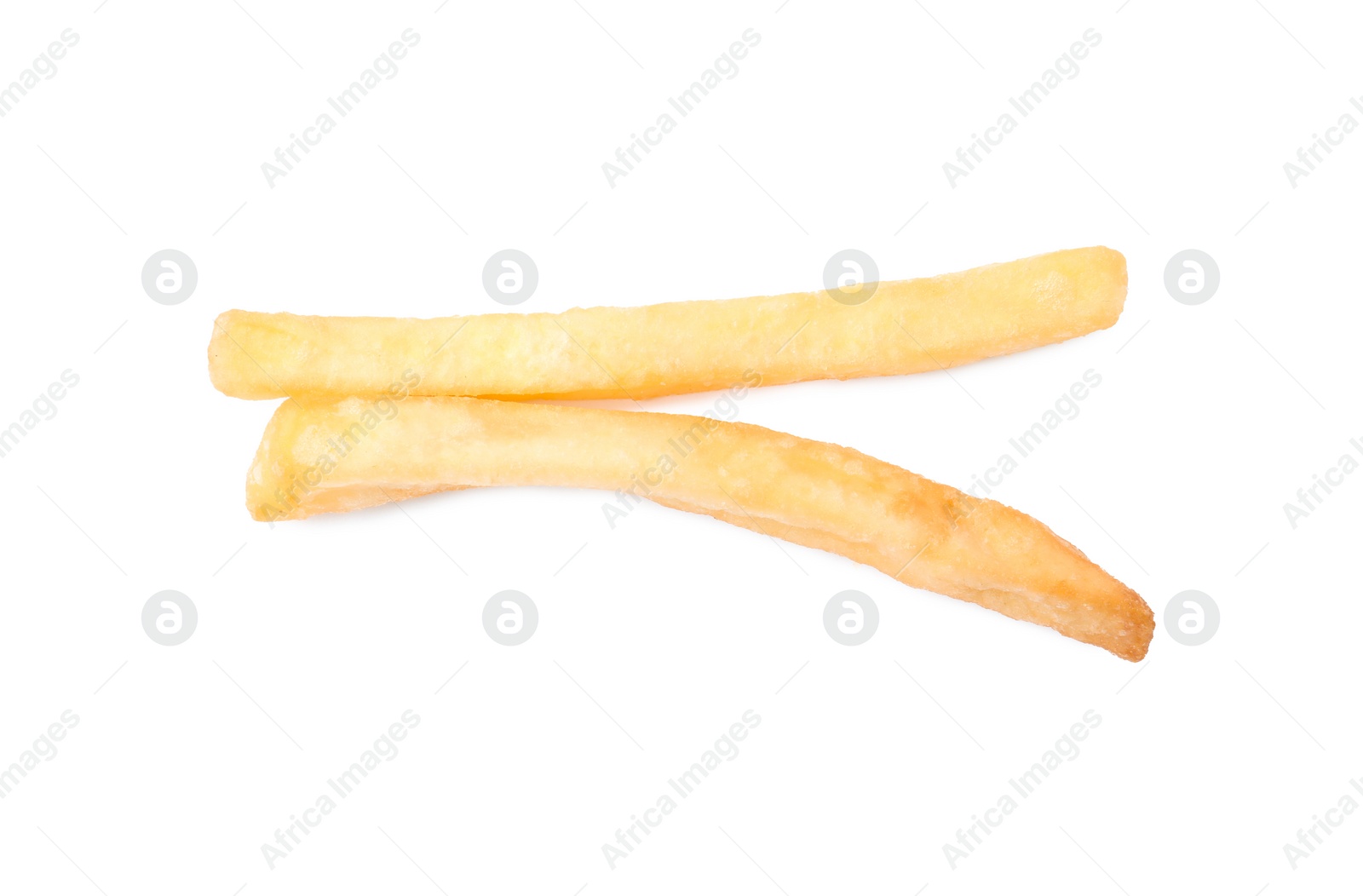 Photo of Delicious fresh french fries on white background, top view