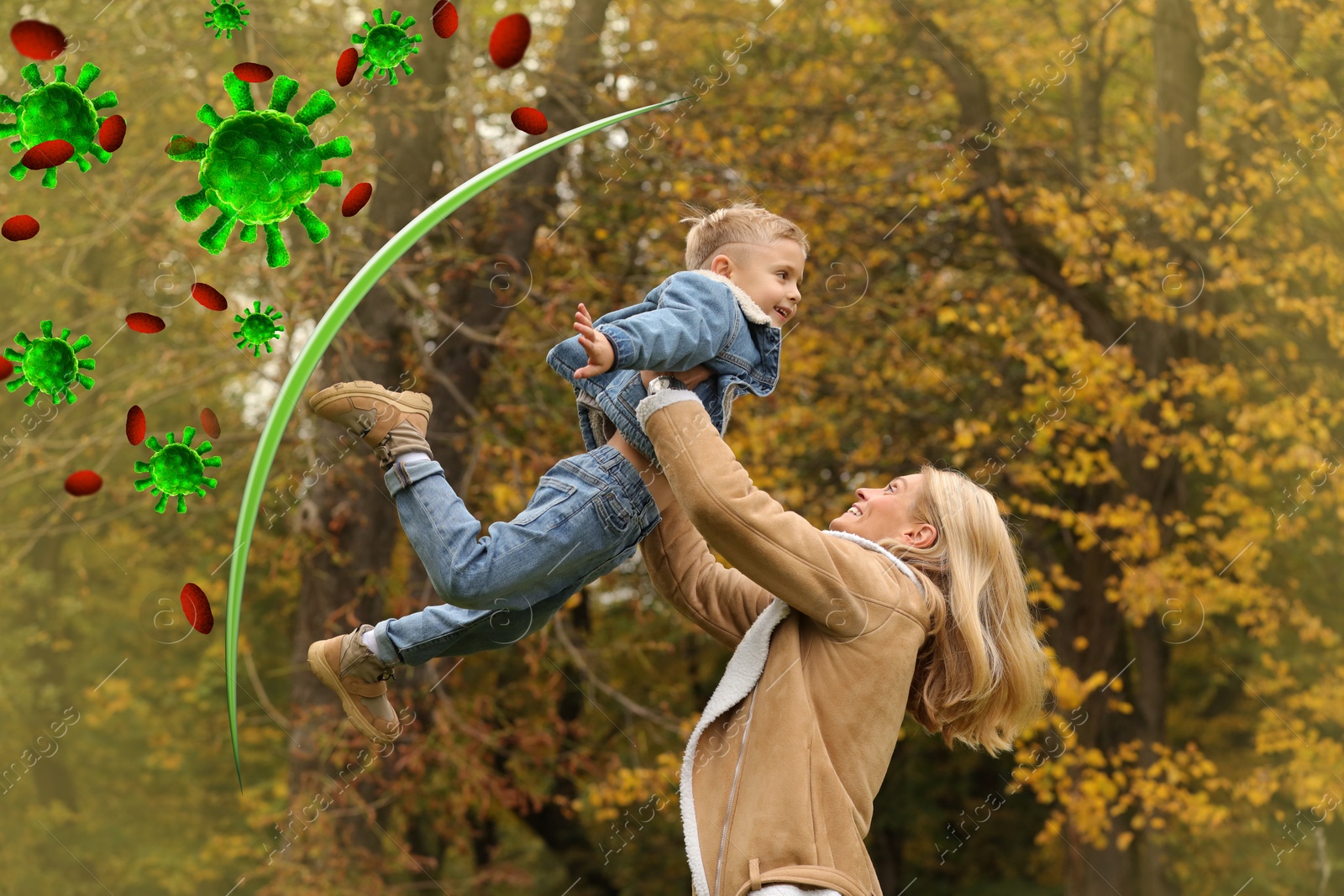 Image of Happy mother with her son outdoors. Strong immunity protecting against viruses