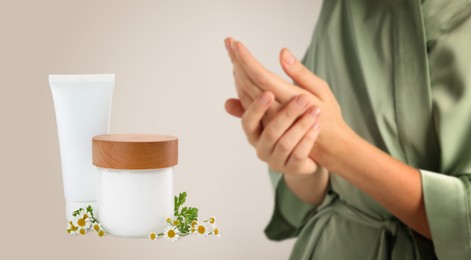 Image of Woman applying cream and containers of hand care cosmetic products on light background, closeup