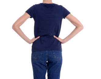 Young slim woman on white background, closeup. Weight loss