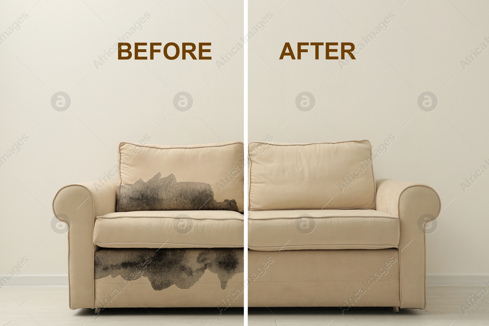 Image of Sofa before and after dry-cleaning indoors, collage