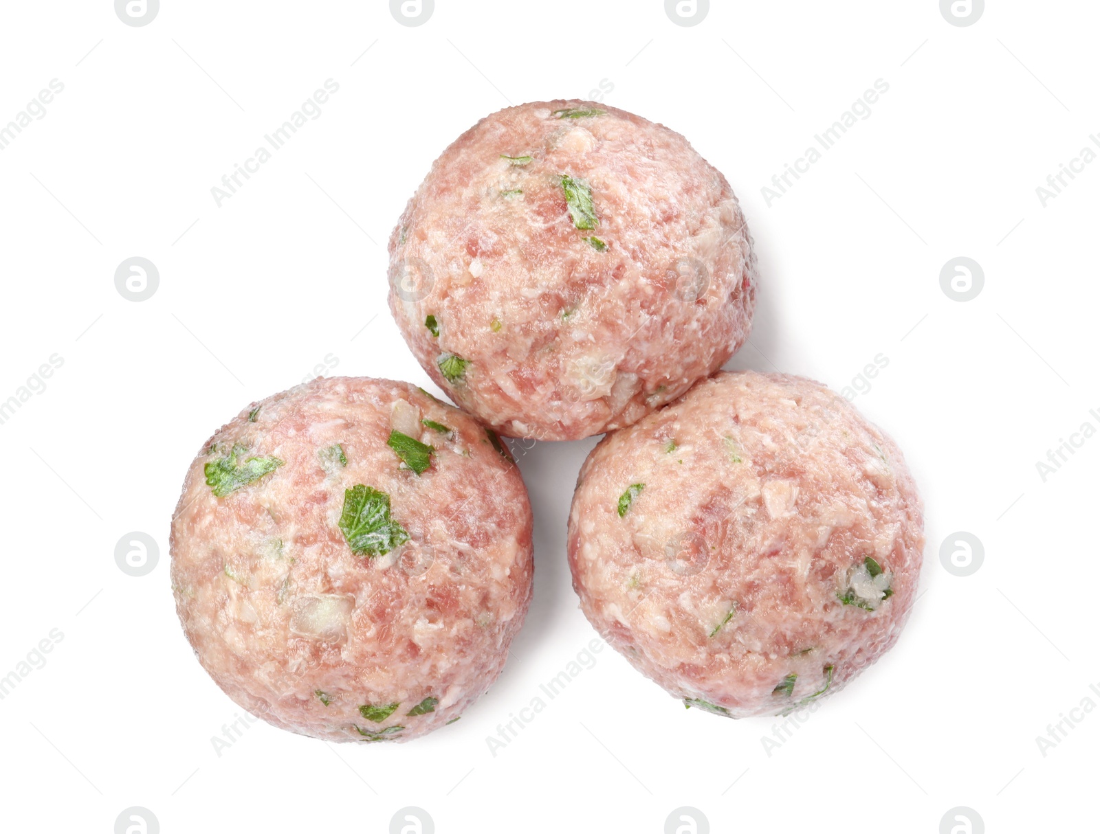 Photo of Three fresh raw meatballs on white background, top view