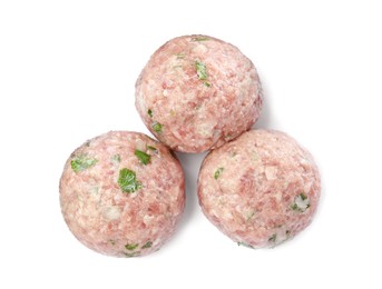 Photo of Three fresh raw meatballs on white background, top view