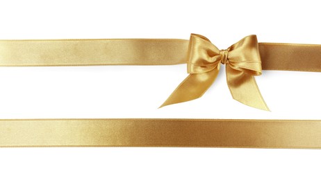 Photo of Beautiful golden ribbons with bow on white background, top view