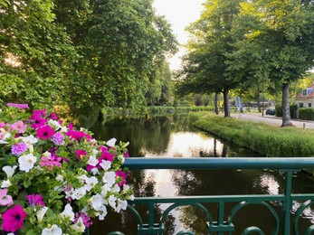 View of beautiful bridge decorated with flowers