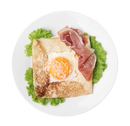 Delicious crepe with egg isolated on white, top view. Breton galette