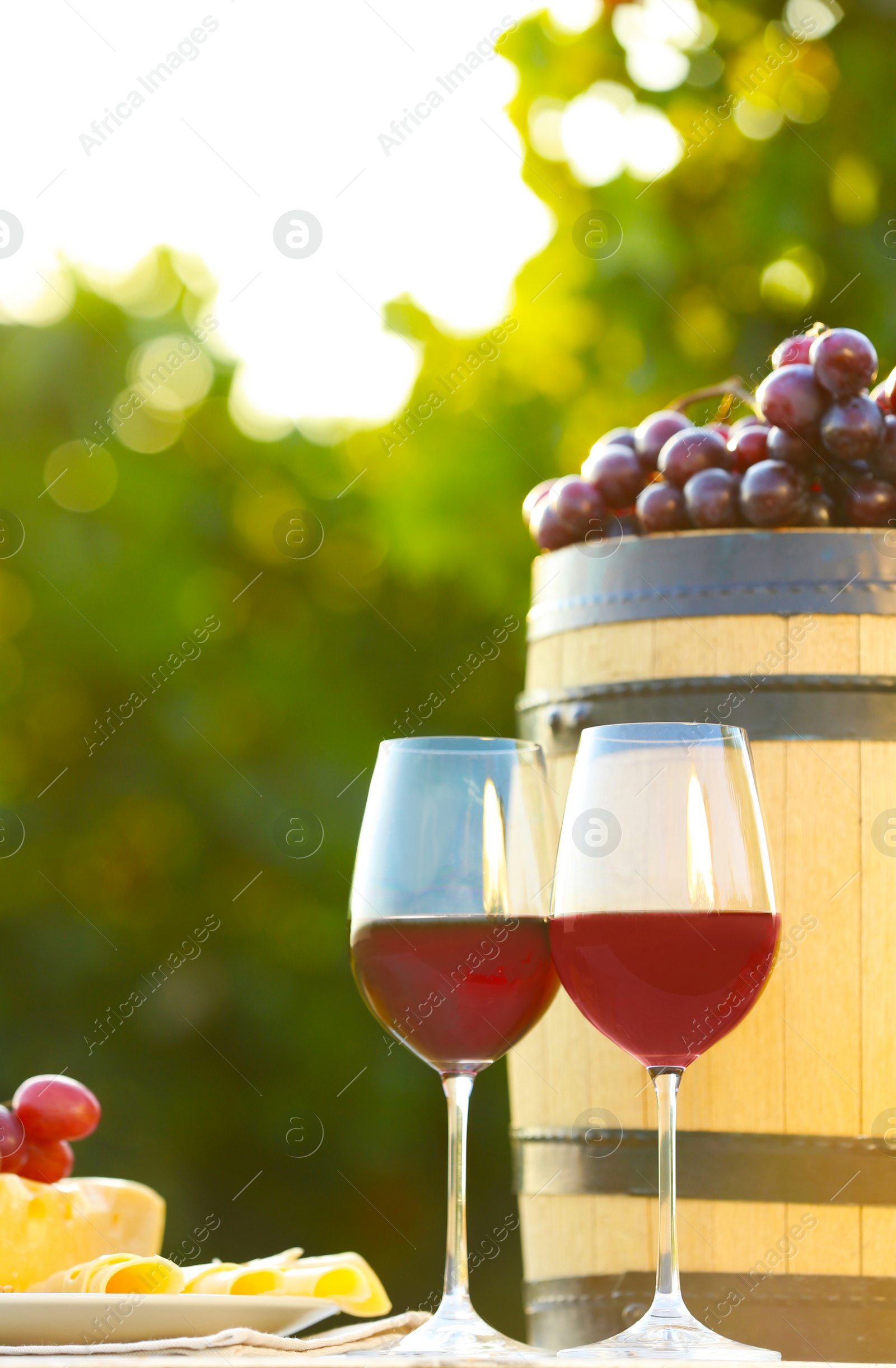 Photo of Composition with wine and snacks on table outdoors