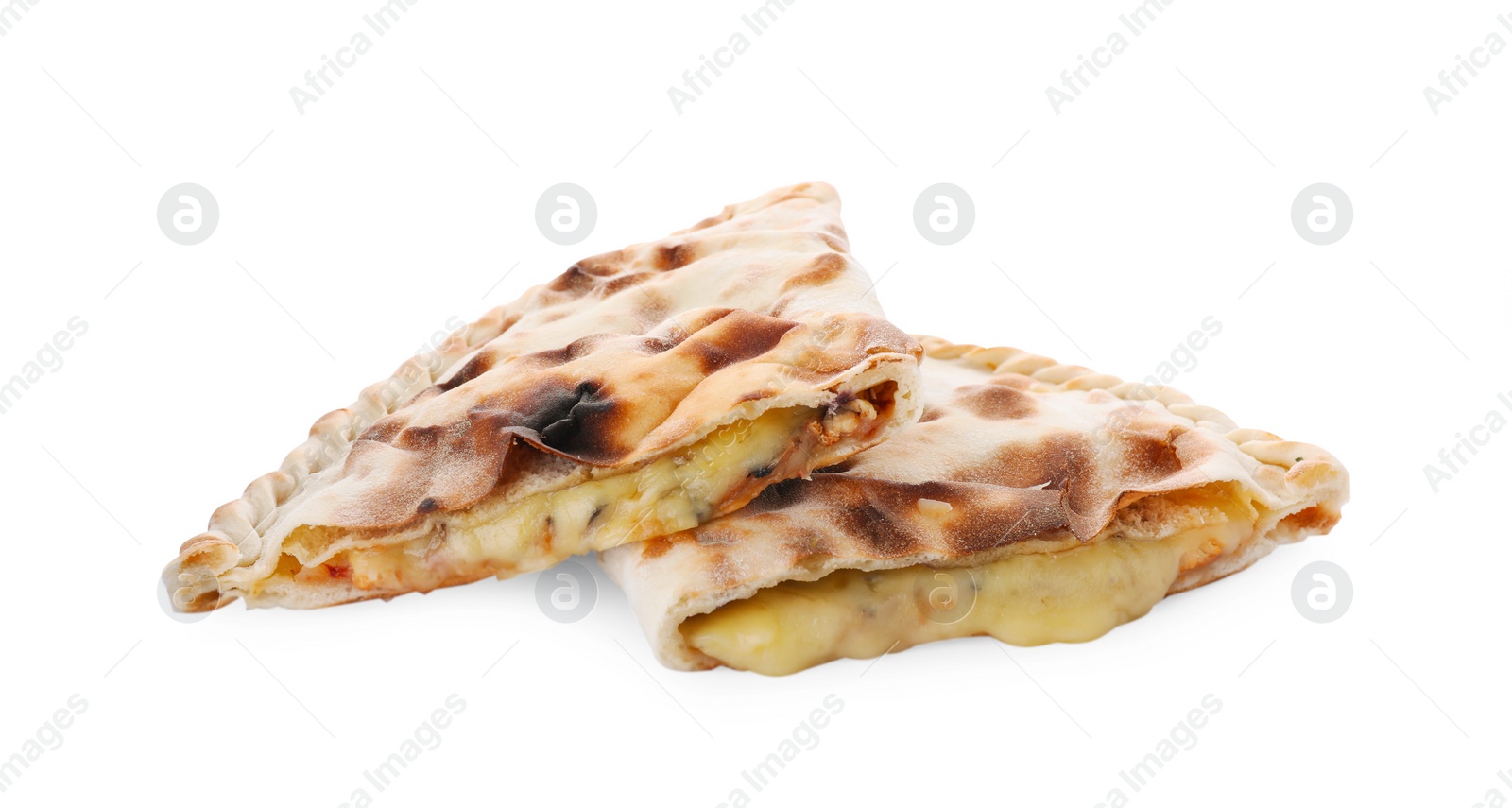 Photo of Tasty pizza calzones with cheese isolated on white