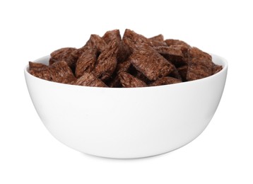 Photo of Chocolate cereal pads in bowl isolated on white