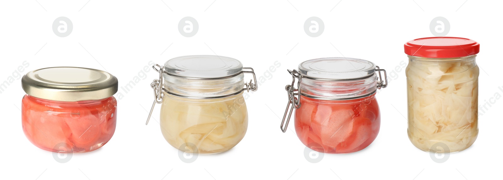 Image of Set with pickled ginger on white background, banner design 