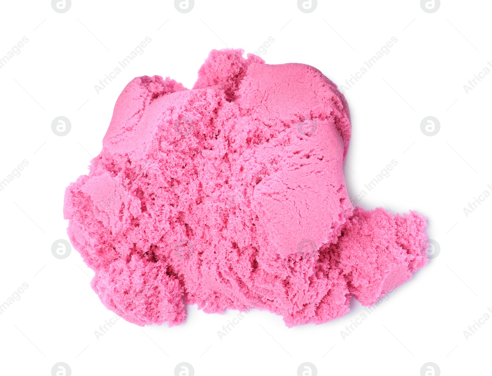 Photo of Pile of pink kinetic sand on white background, top view