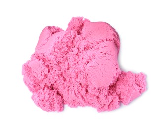 Photo of Pile of pink kinetic sand on white background, top view