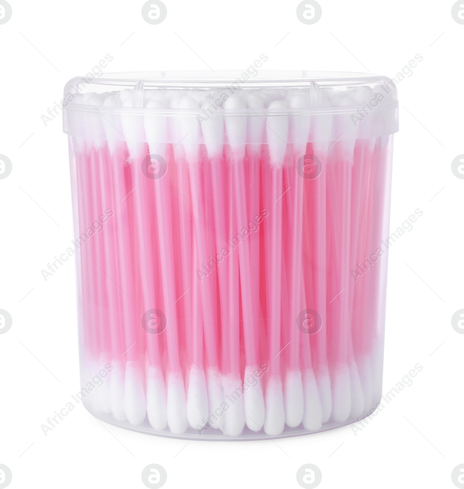 Photo of Cotton buds in plastic container isolated on white