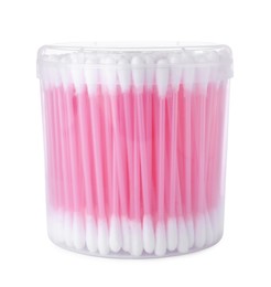 Cotton buds in plastic container isolated on white