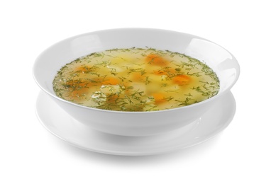 Photo of Bowl of fresh homemade soup to cure flu on white background