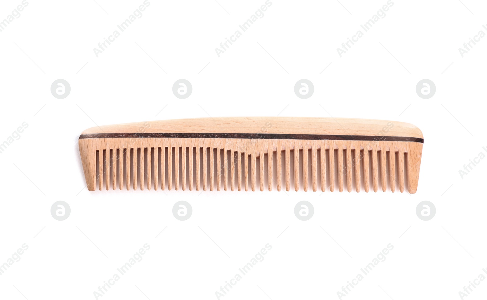 Photo of New wooden hair comb on white background, top view