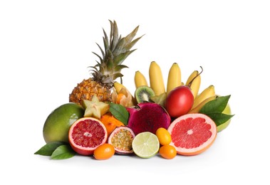 Photo of Different ripe exotic fruits on white background