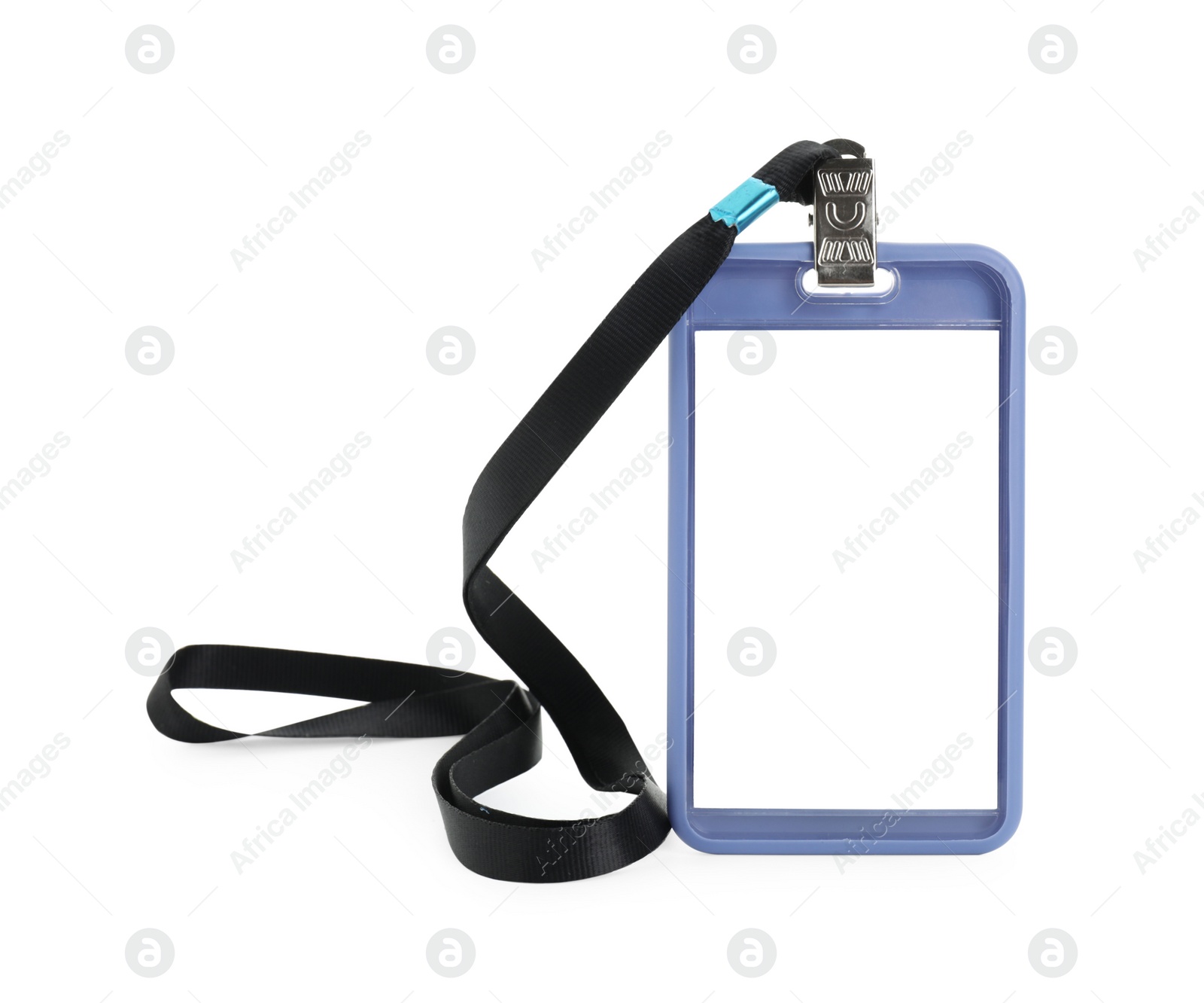 Photo of Blank blue badge with string isolated on white