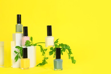 Stylish presentation of beautiful nail polishes in bottles on yellow background