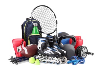 Photo of Many different sports equipment isolated on white