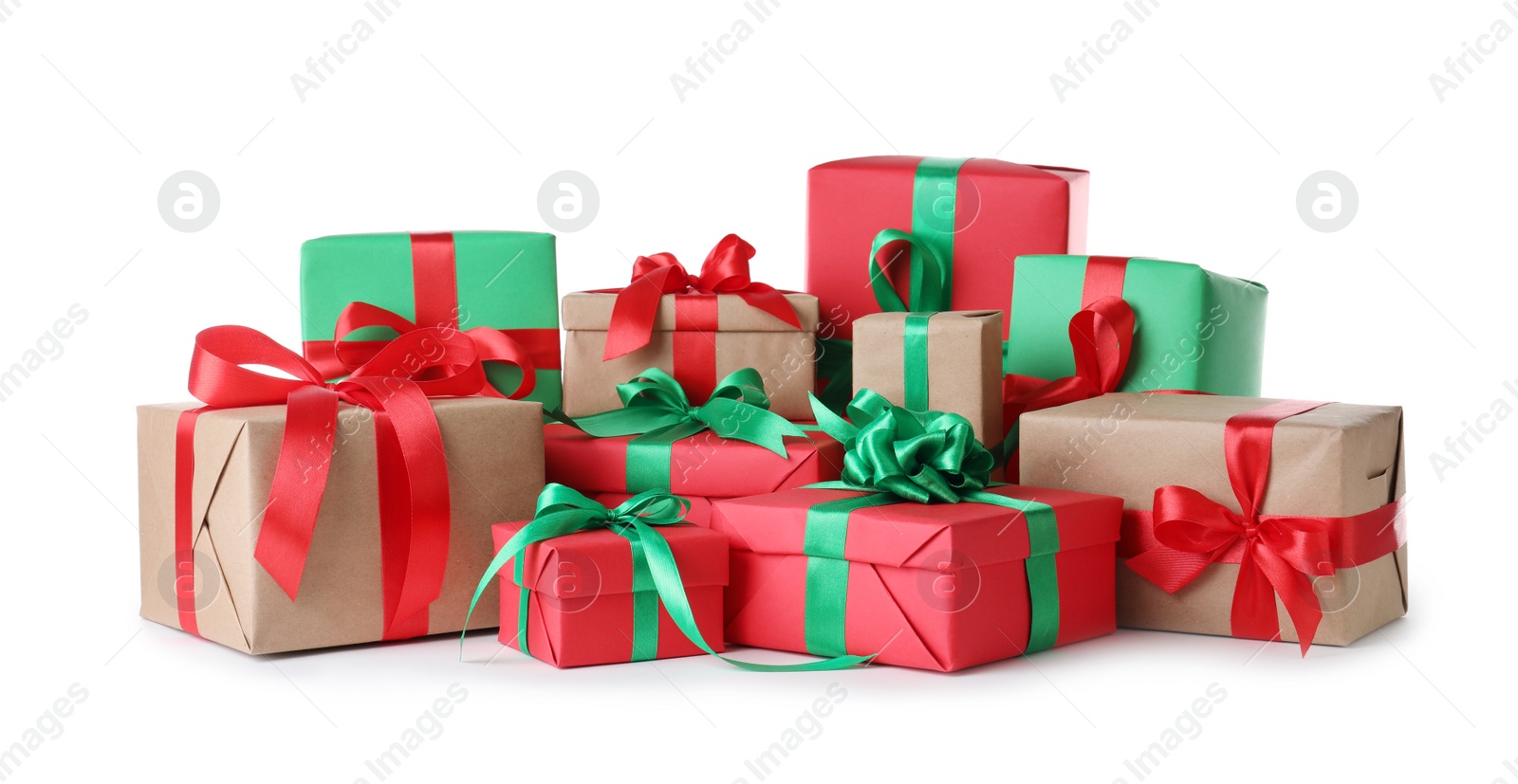 Photo of Different Christmas gift boxes on white background