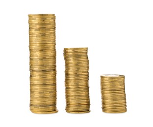 Photo of Stacks of golden coins on white background